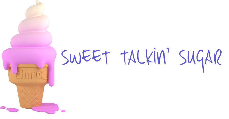 cute rendering of ice cream on a cone with purple text outlined in white next to it that says sweet talkin' sugar